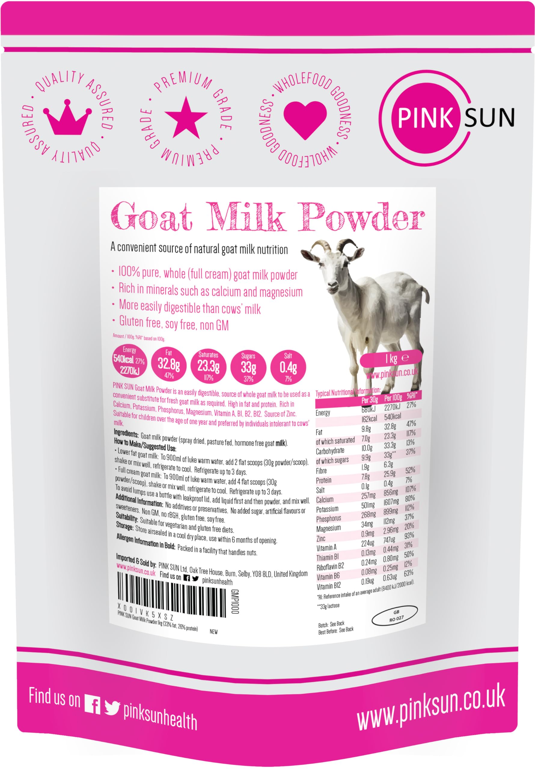 PINK SUN Whole Fat Goat Milk Powder – 1kg Full Cream & Gluten Free