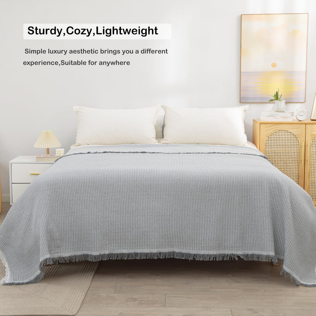 VANJOROY Waffle Sofa Throw Blanket | Grey Handwoven Cotton for 2-4 Seater