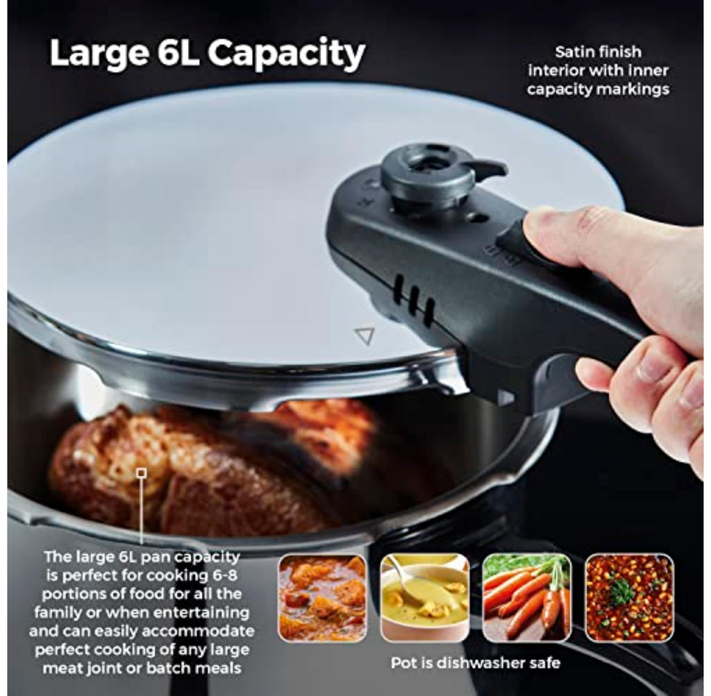 Tower T80244 6L Pressure Cooker with Steamer Basket | Stainless Steel