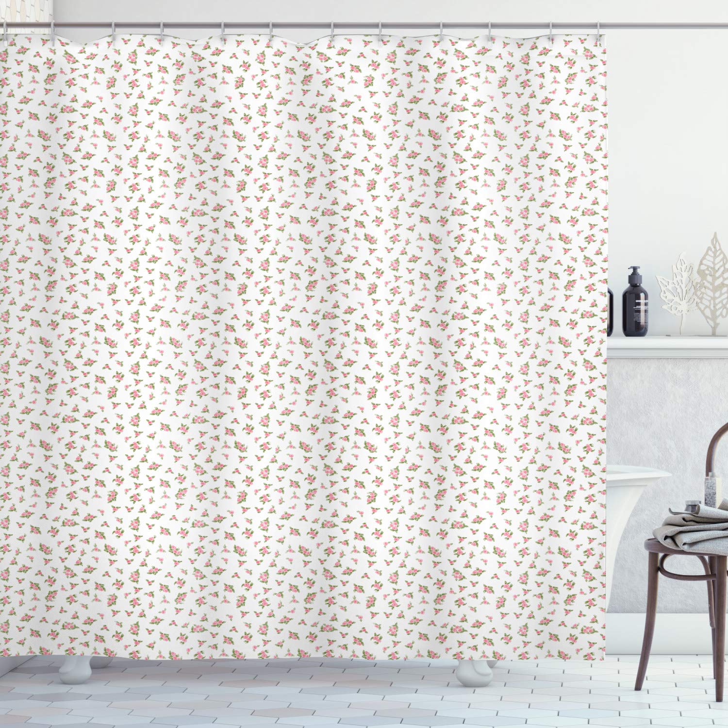 ABAKUHAUS Floral Shower Curtain – Pink & Green Watercolor Fabric Decor