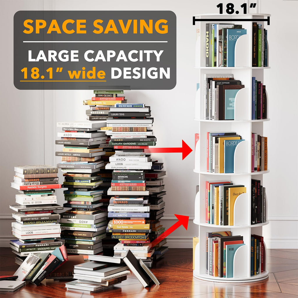SpaceAid 5-Tier Rotating Shelf Tower, Rotating Lazy Susan Bookcase, 360° Round Storage Rack, Vertical Rotation, Spiral Corner Organizer, White - image 2
