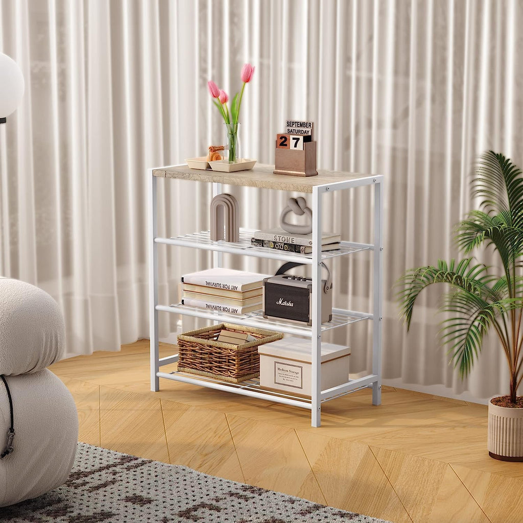 HOME BI 4-Tier Industrial Shoe Rack | Metal Storage Shelf with MDF Top, White