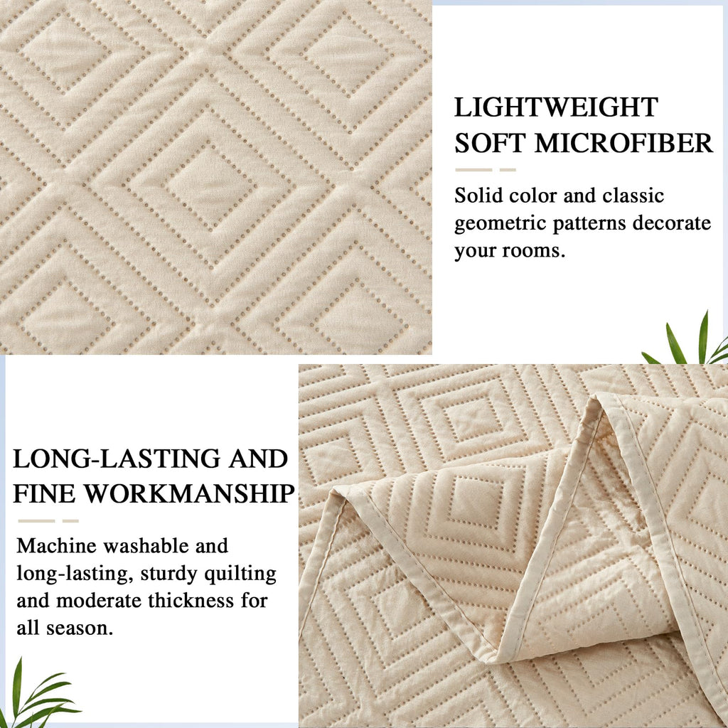 Qucover Super King Bedspread - 3-Piece Beige Ultrasonic Geometric Quilt