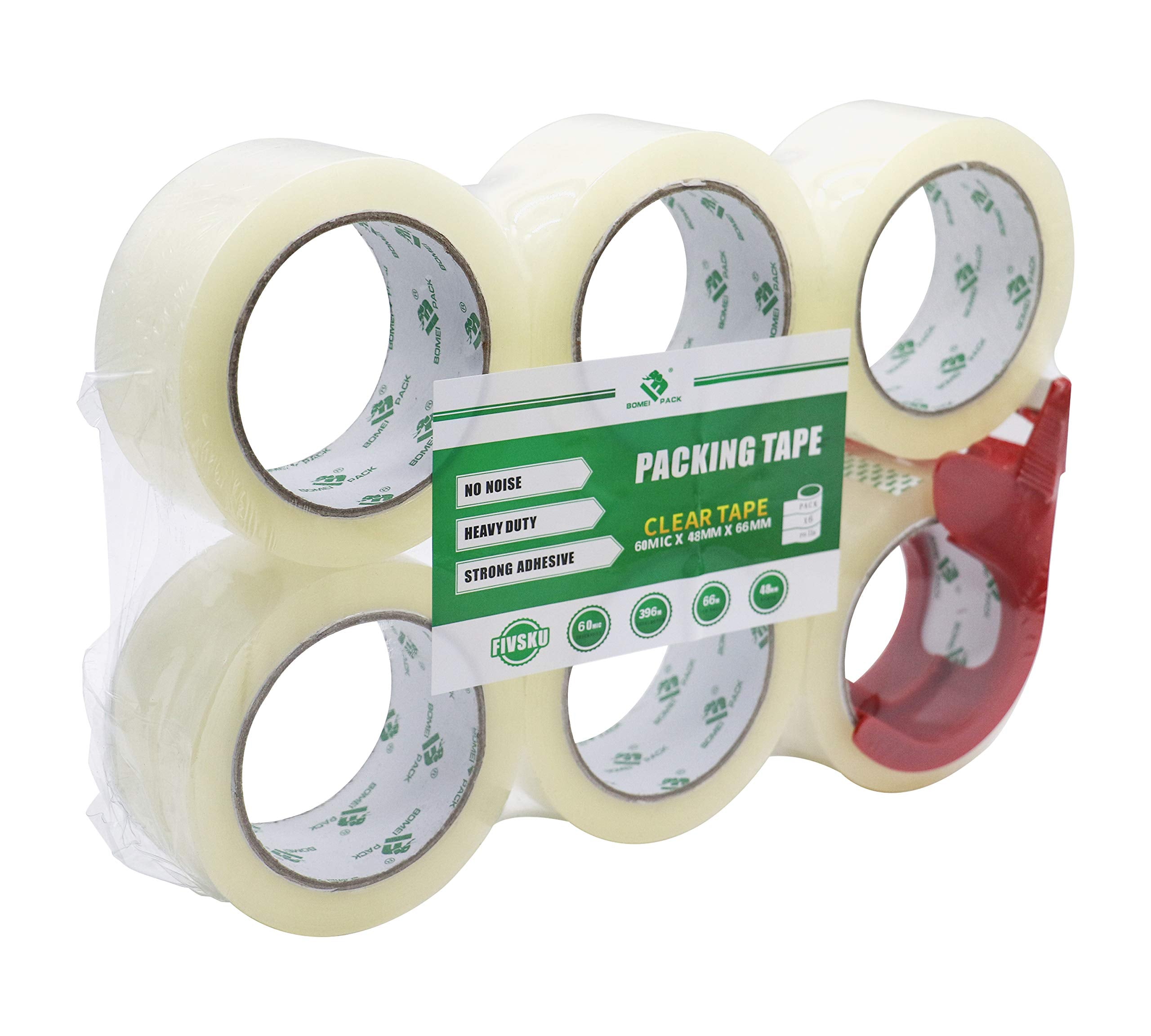 BOMEI PACK Silent Clear Packing Tape | Heavy Duty 6 Rolls with Dispenser