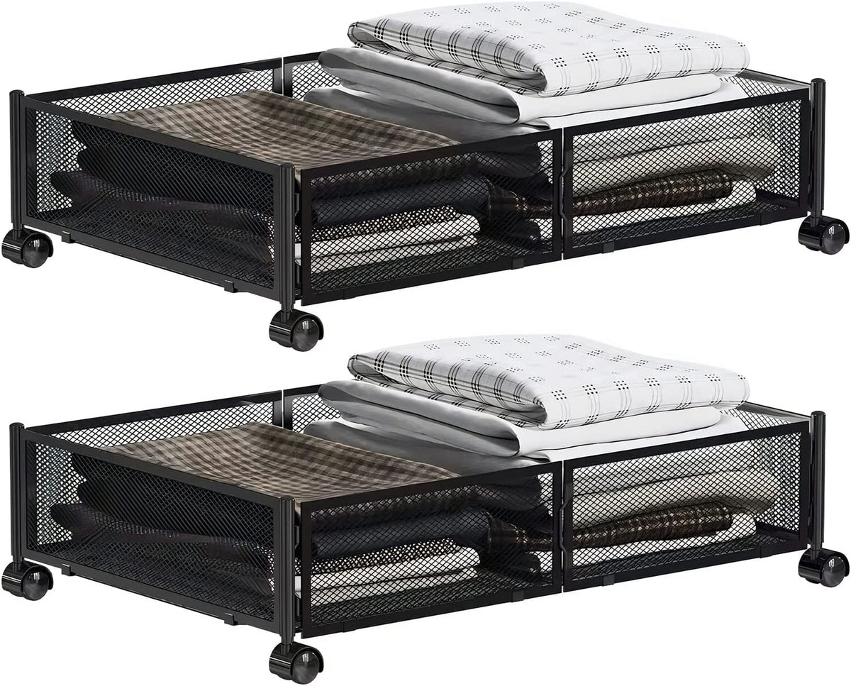 MISNODE Under Bed Storage, Under the Bed Storage Containers with Wheels, Tool-free Assembly Metal Underbed Storage Organizer Drawer for Bedroom