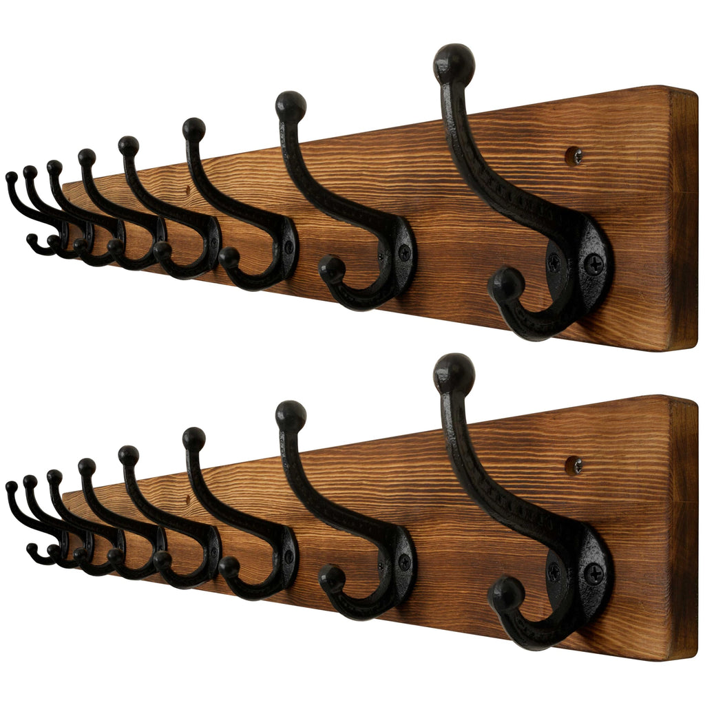 WEBI Rustic Wall Mount Coat Rack – 8 Cast Iron Hooks, Solid Wood, 2 Pack