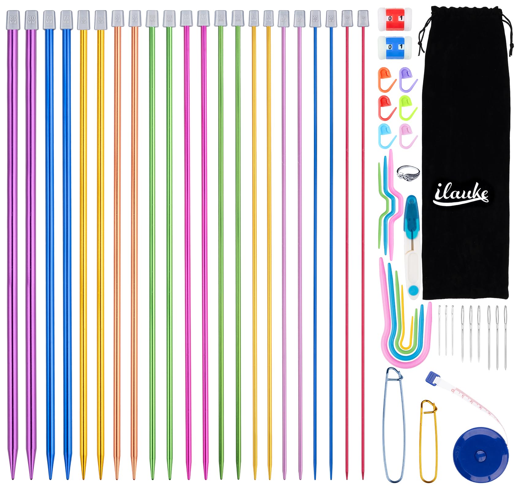 ilauke 56Pcs Knitting Needles Set | 11 Pairs Stainless Steel Kit 2mm-8mm