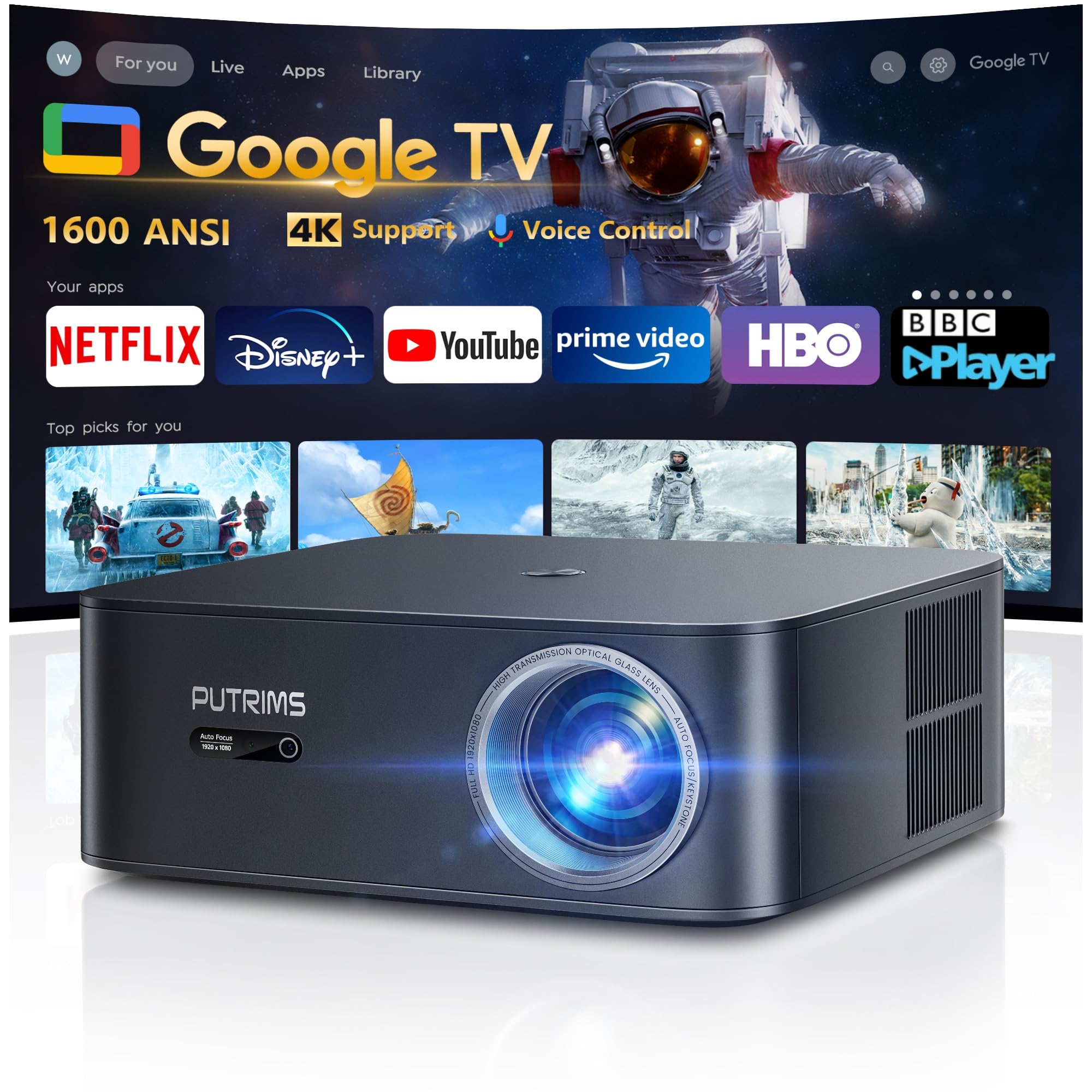 4K Smart Projector - Google TV 1500 ANSI WiFi6 Home Cinema