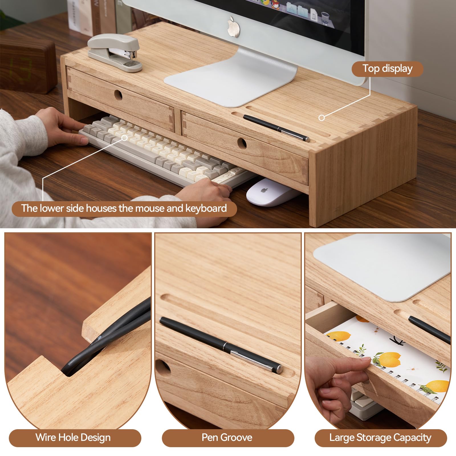 KIRIGEN Solid Wood Monitor Stand with 2 Drawers | Ergonomic Desk Riser