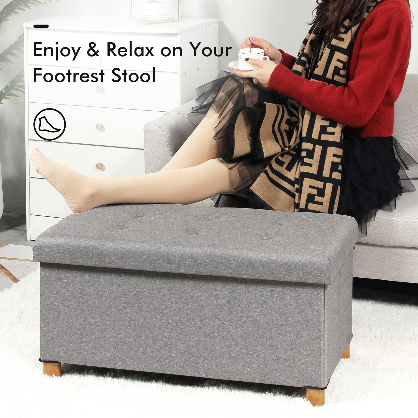 Bonlife Grey Storage Ottoman with Tray - Folding Coffee Table Footstool