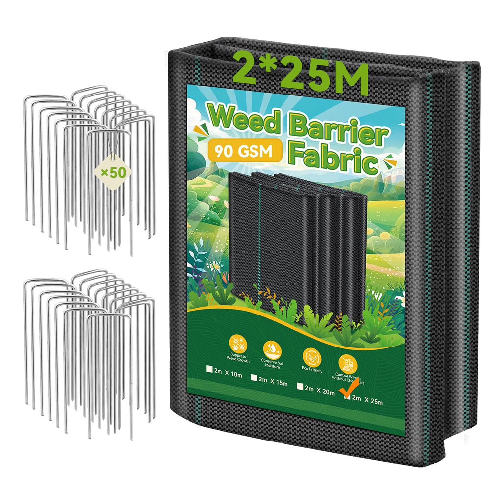Domusensus Weed Control Membrane 2m x 25m with 50 Heavy Duty Garden Pegs