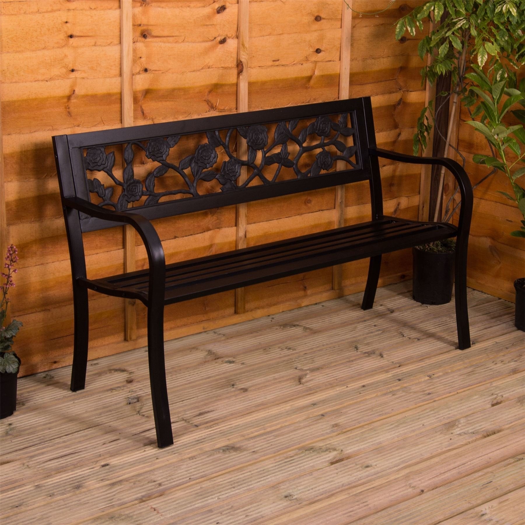 Garden Vida 3 Seater Steel Garden Bench | Rose Design Outdoor Patio Seat