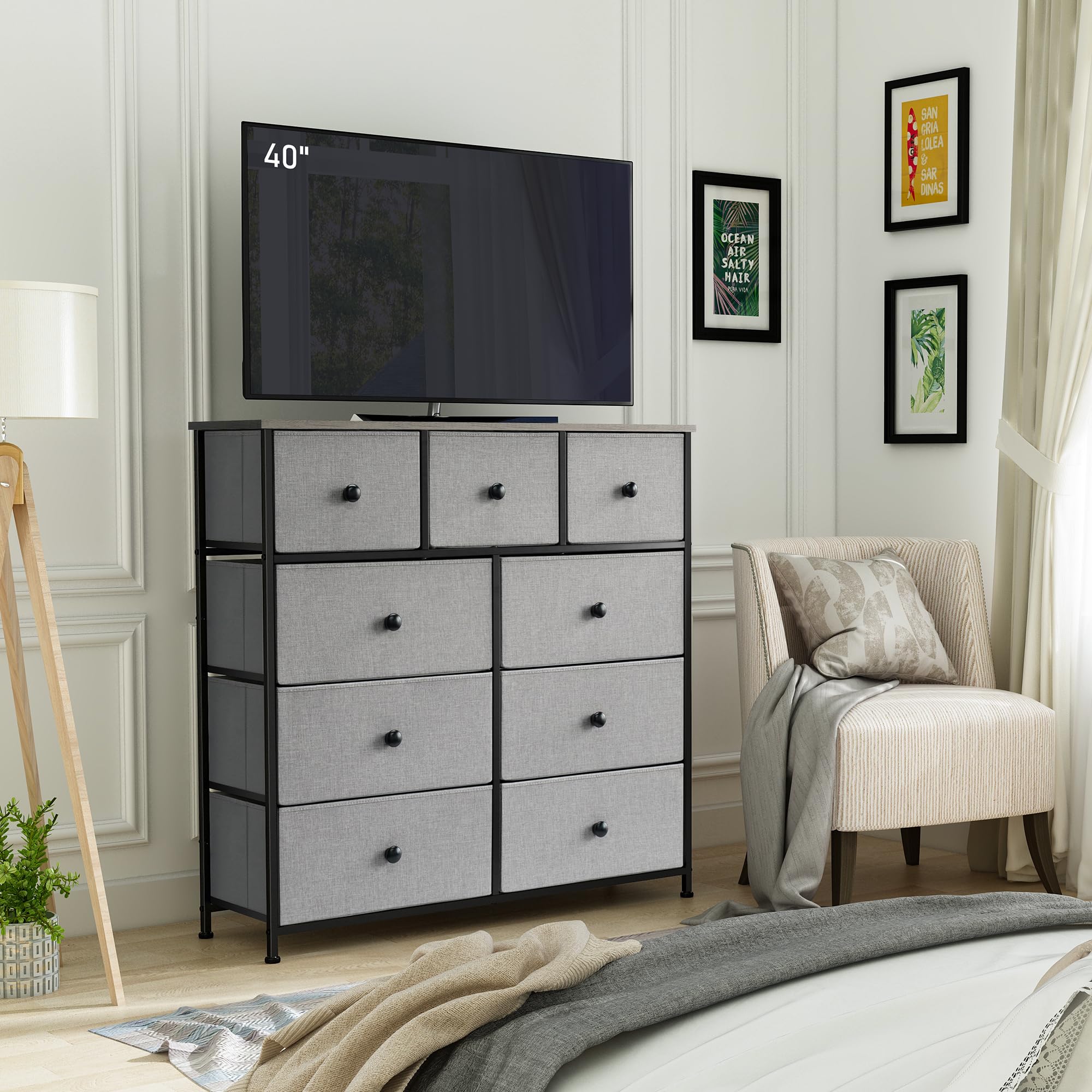 Lyncohome 9-Drawer Fabric Dresser | Grey Storage Unit with Wooden Top