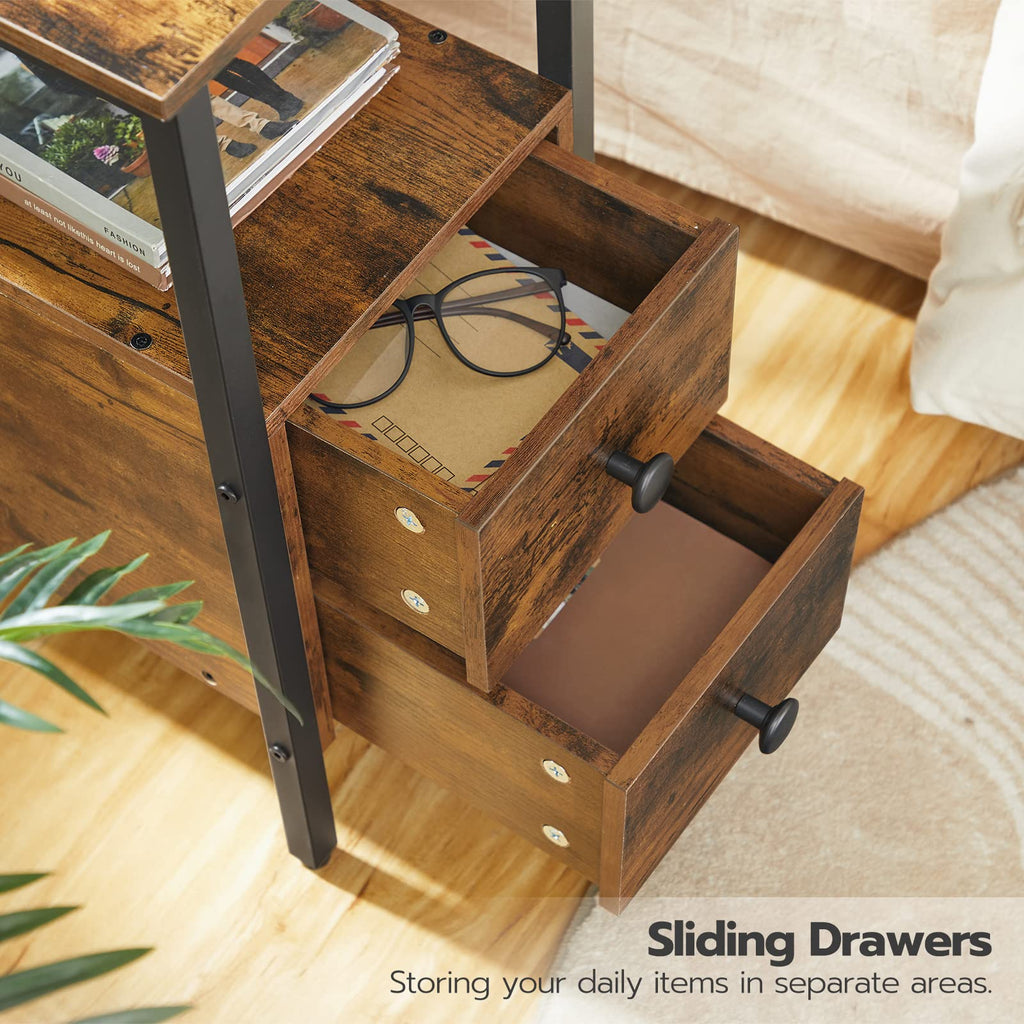 HOOBRO Narrow Side Table with Charging Station, 2 Drawers, Industrial