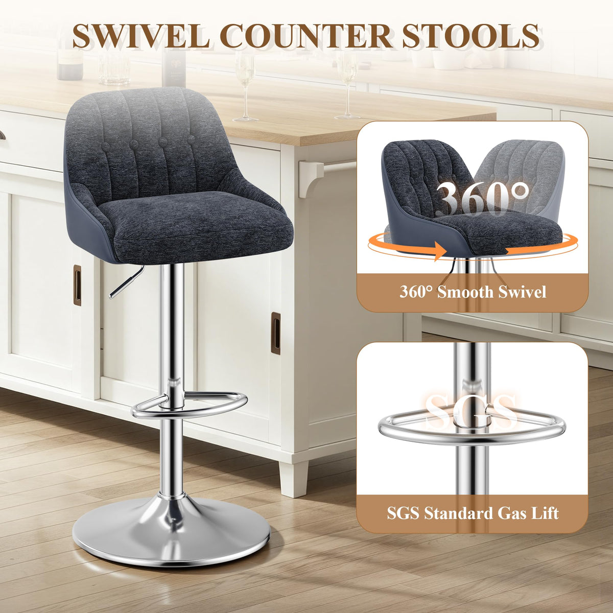 MALOL Adjustable Bar Stools Set of 6, Swivel Counter Stools with Backrest, Chenille & Faux Leather Upholstered Bar Chairs - image 2