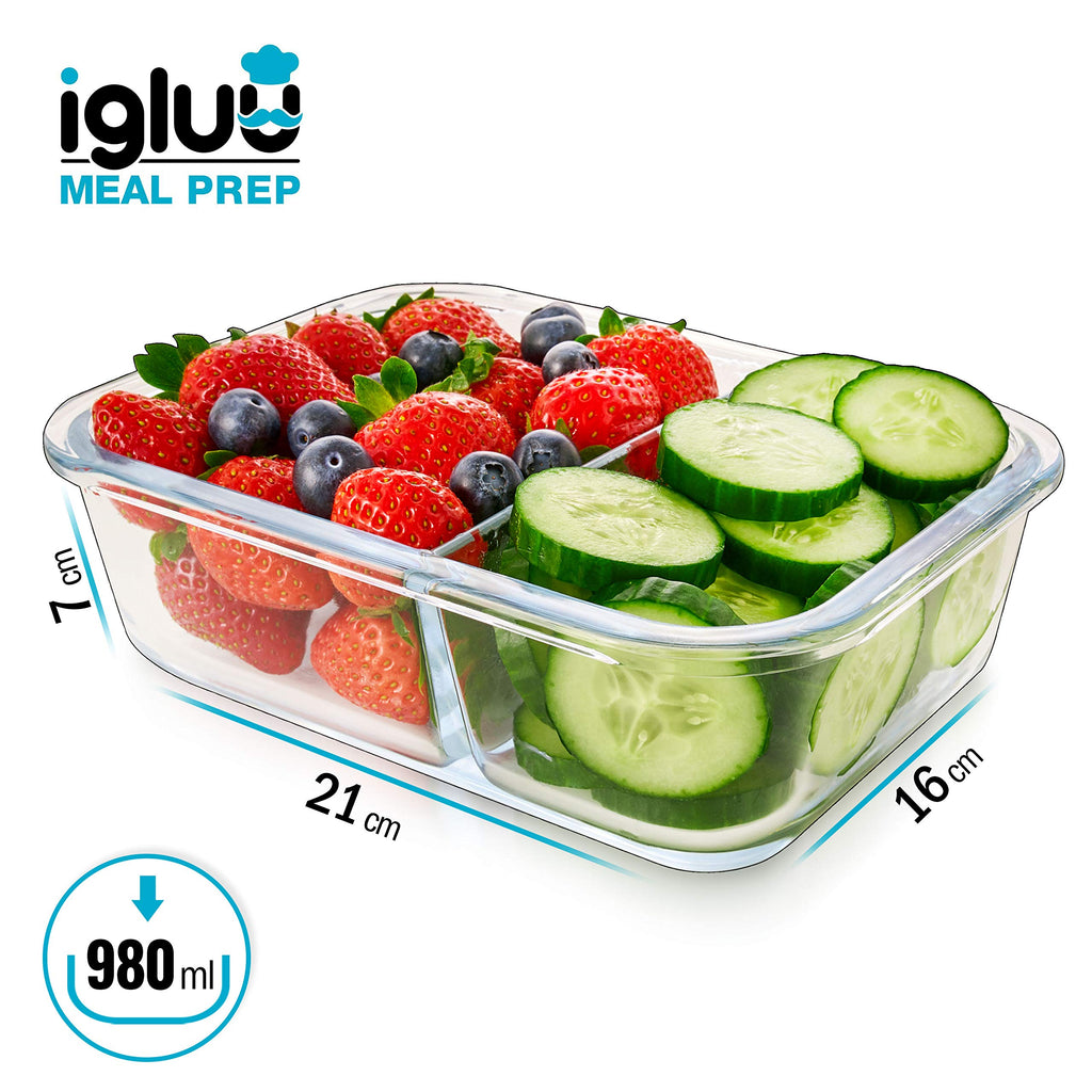 Igluu Glass Meal Prep Containers - 2 Compartment Airtight Food Storage