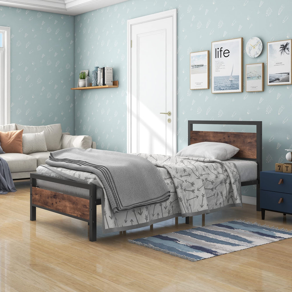 BOFENG 3ft Single Metal Bed Frame | Heavy Duty Platform with Wood Headboard