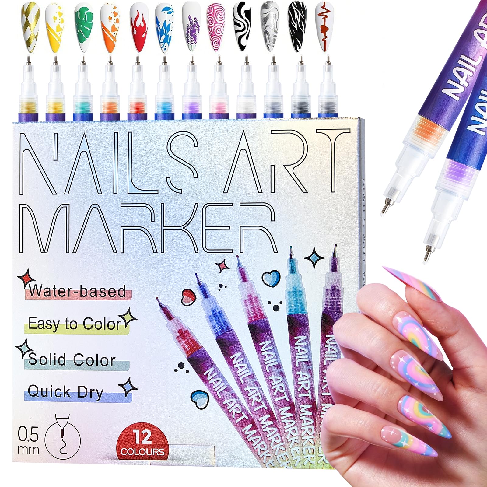 SOLUAME 12 Colors Nail Art Pens Set – 0.5mm Quick-Drying DIY Markers