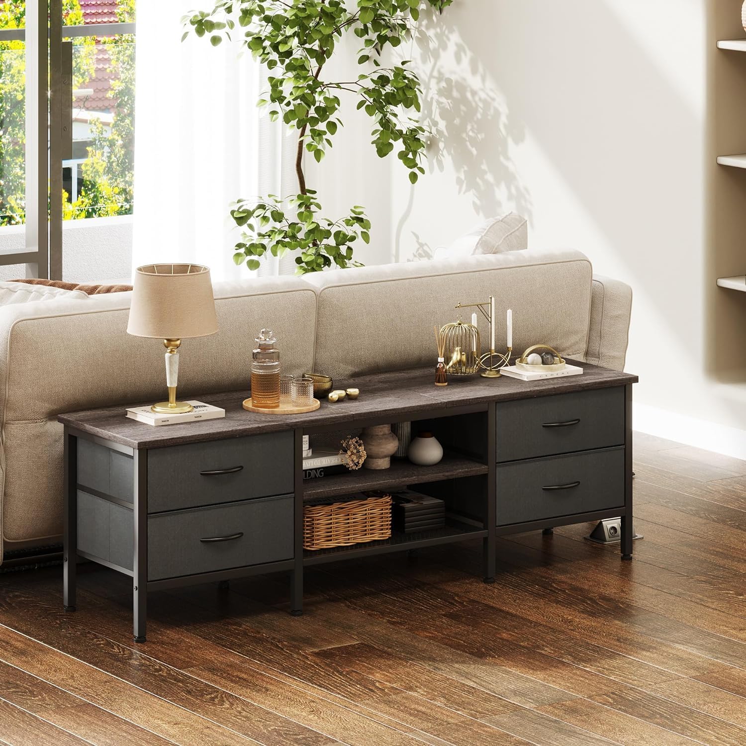 CAIYUN 63 Inch TV Stand with 4 Drawers – Industrial Media Console, Grey