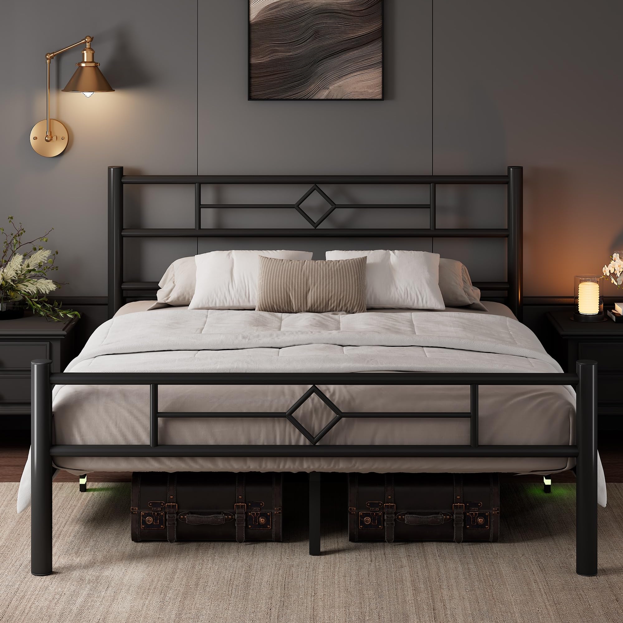 Feonase King Metal Platform Bed Frame with Headboard and Storage