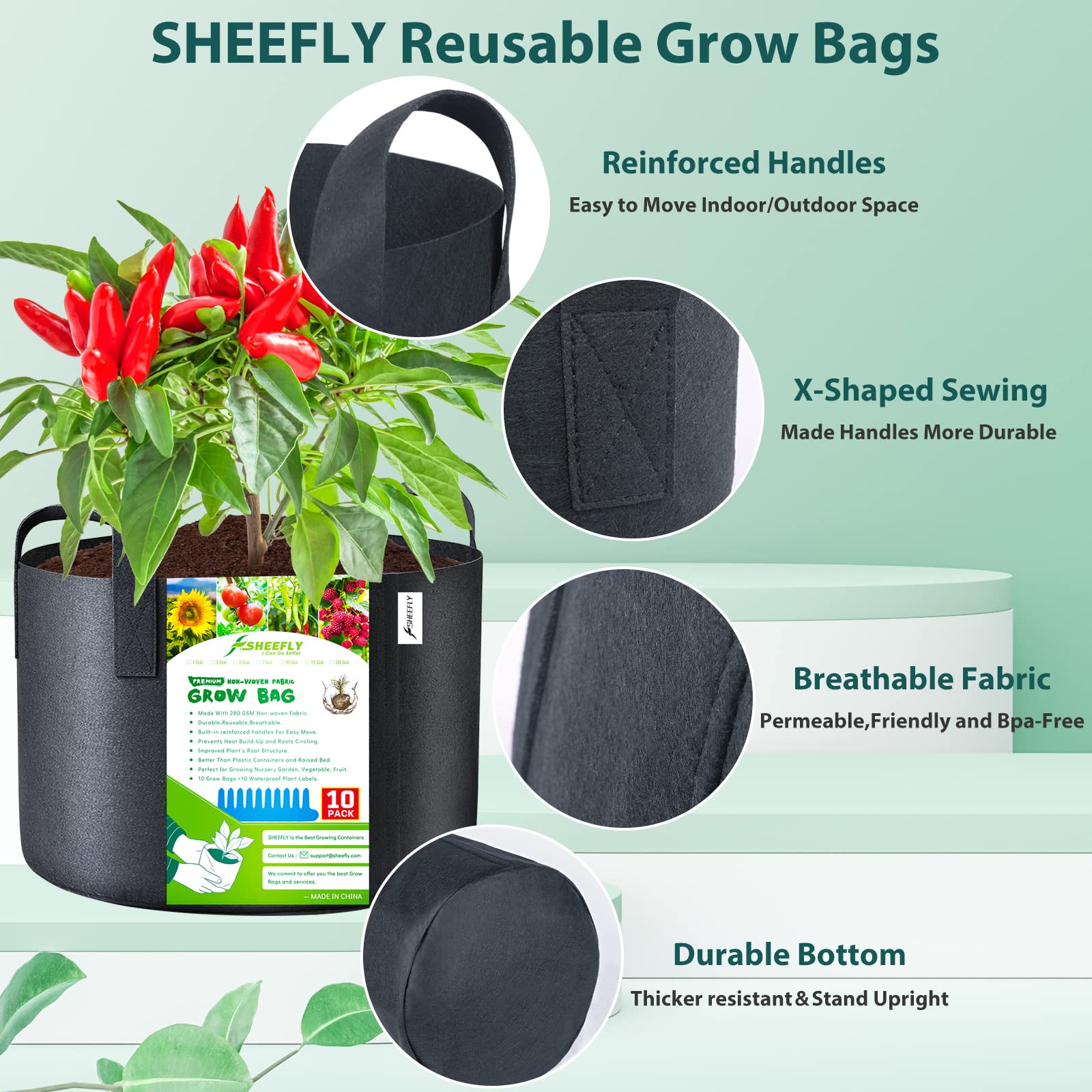 SHEEFLY 15 Gallon Grow Bags - 10 Pack Non-Woven Fabric Pots with Handles