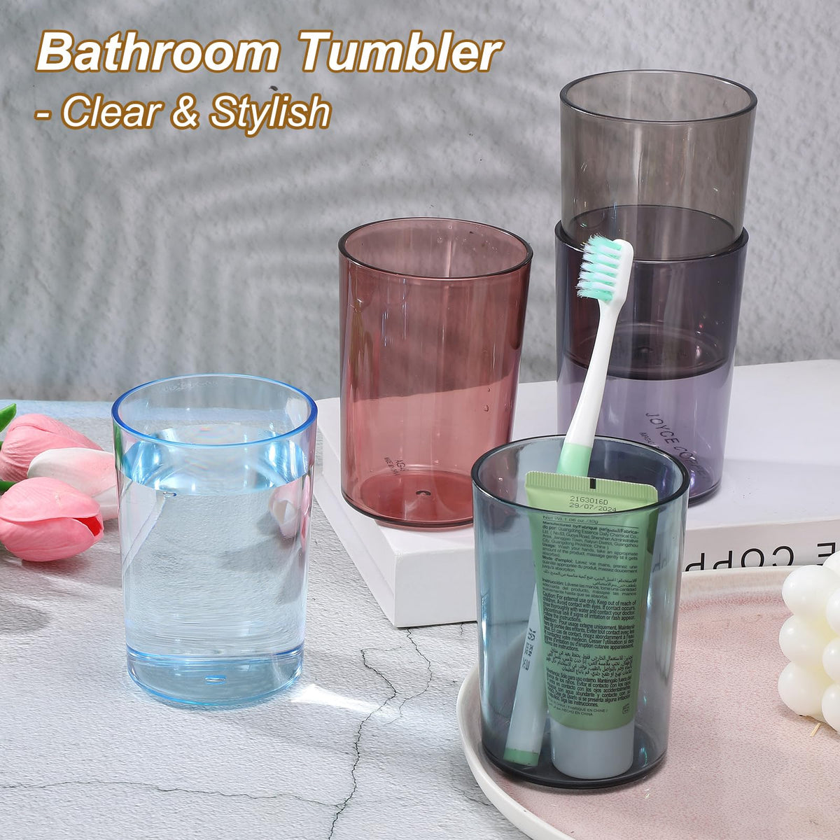 sourcing map 4Pcs Bathroom Tumbler, 350ml 11.83 Oz Toothbrush Cups Unbreakable Solid Color Plastic Mouthwash Cup Stackable Reusable Tumbler for