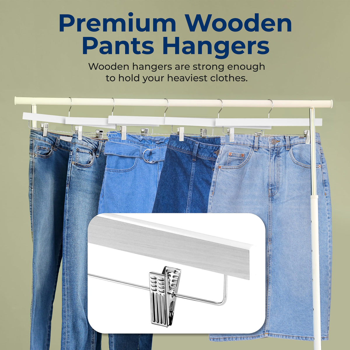 SereneLife 20pcs White Wooden Trouser Hangers, 35cm Anti-Slip Clips - image 3