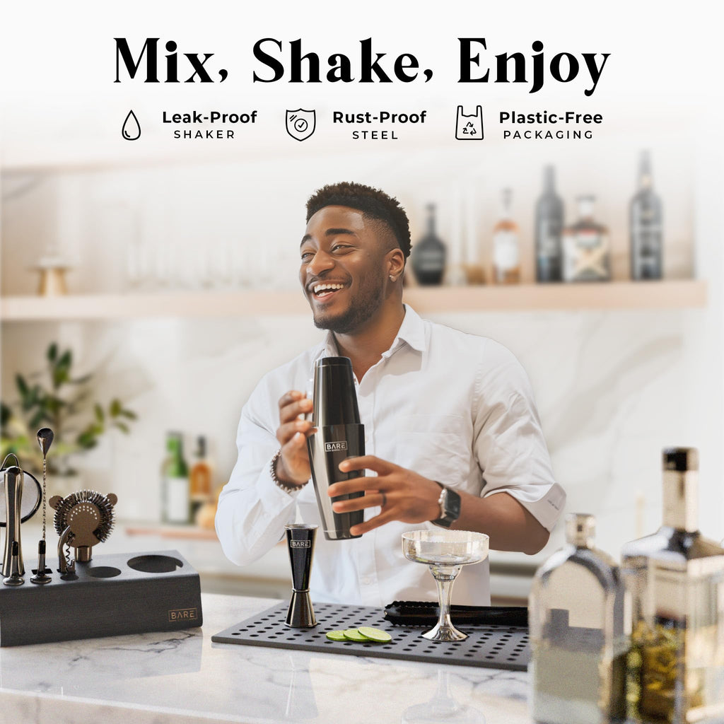 Bare Barrel 14-Piece Cocktail Making Kit with Bamboo Stand & Recipes
