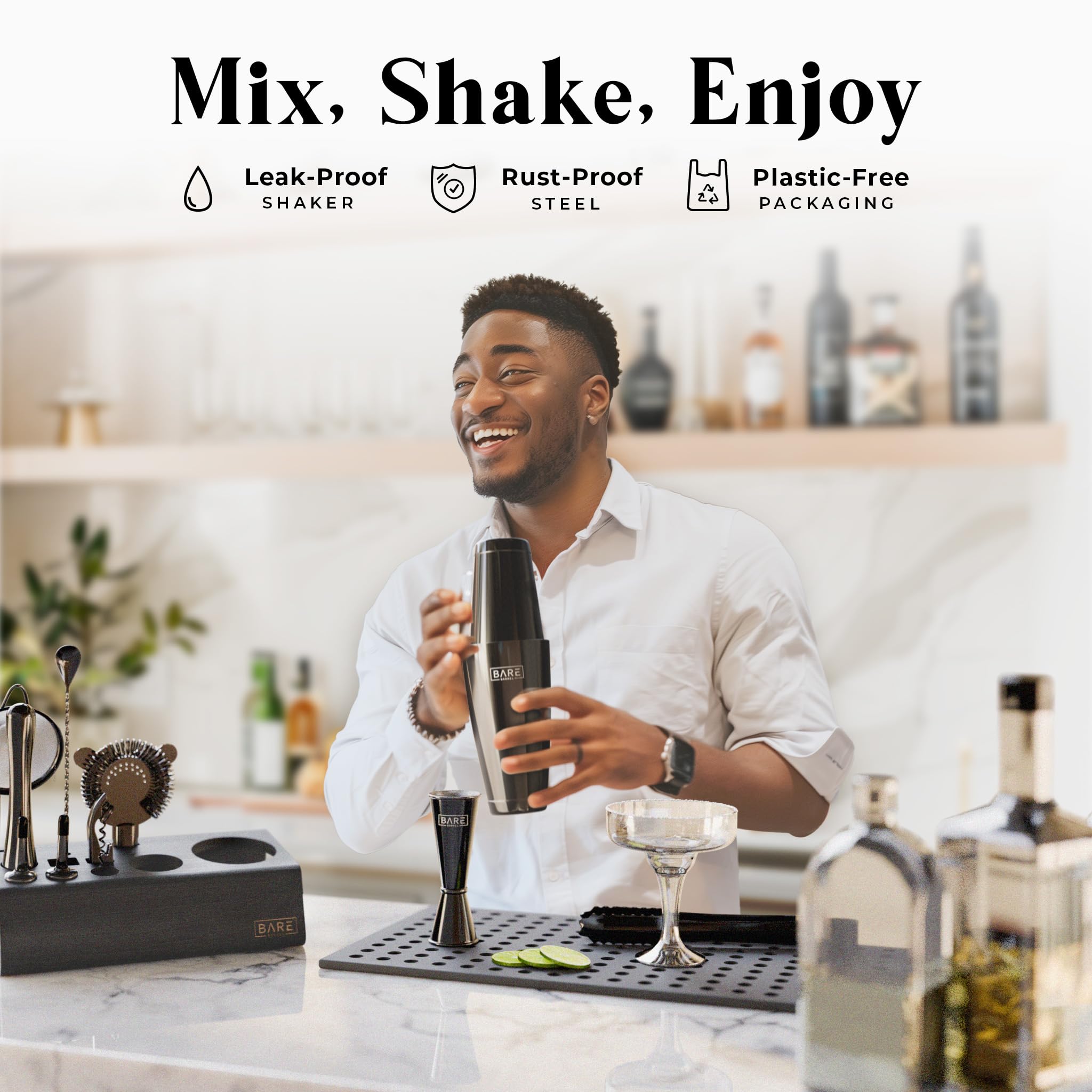 Bare Barrel 14-Piece Cocktail Making Kit with Bamboo Stand & Recipes