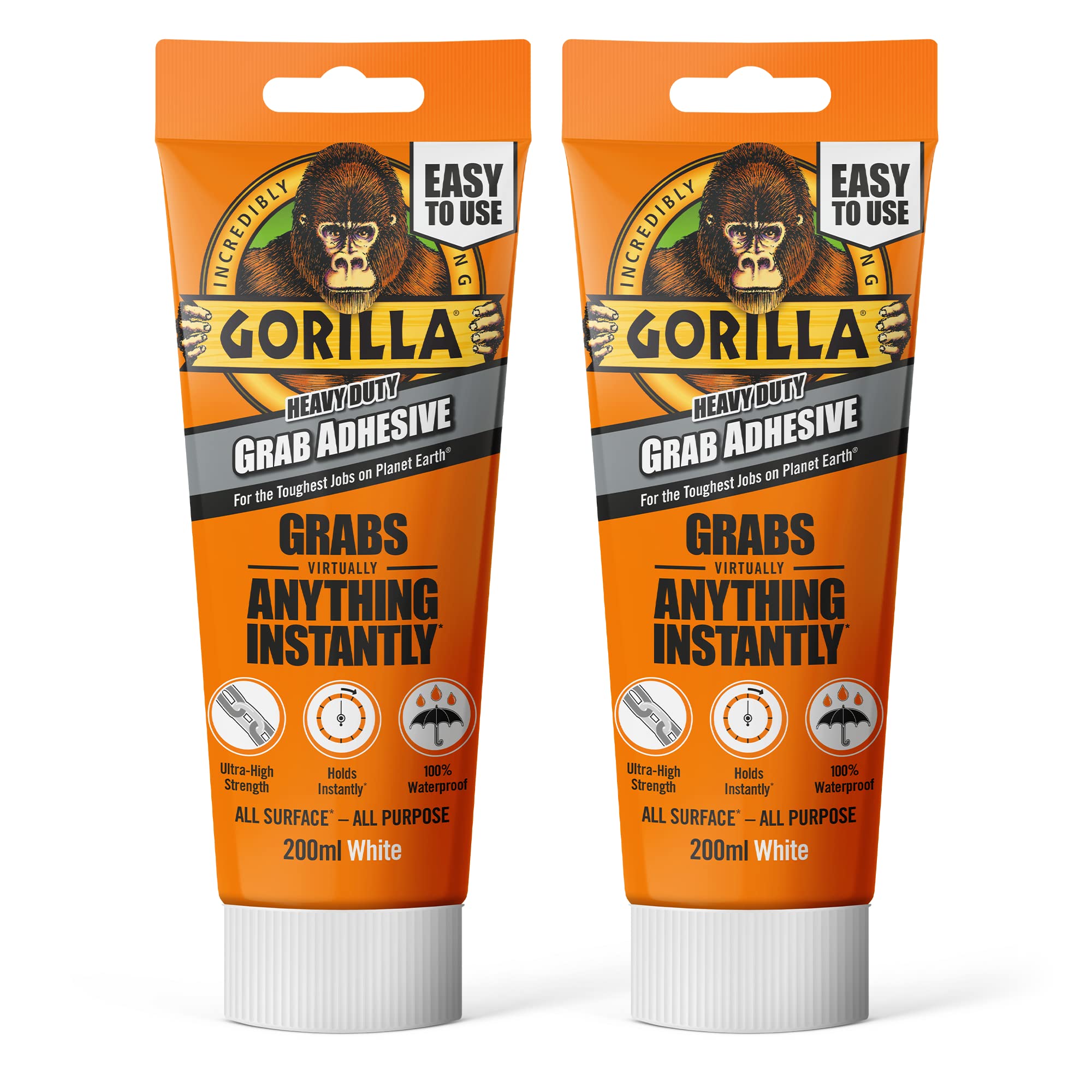 Gorilla Heavy Duty Grab Adhesive - White 200ml Waterproof Tube (2 Pack)