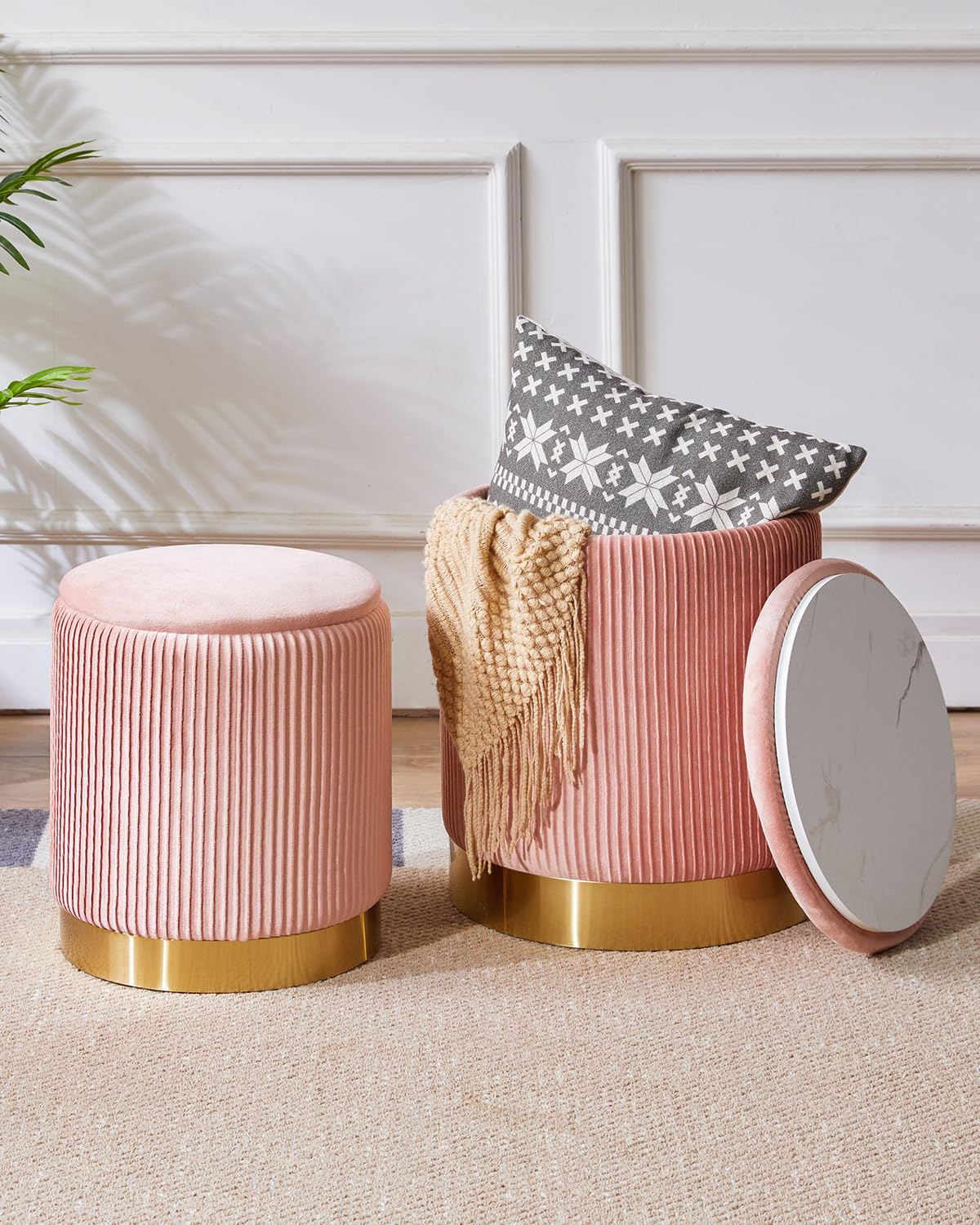 IBUYKE Set of 2 Round Velvet Storage Ottomans | Modern Vanity Stool - Pink