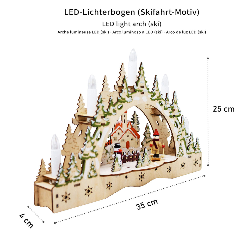 ToCi LED-Schwibbogen mit 5 Kerzen – Weihnachtsdeko Ski-Motiv 35cm