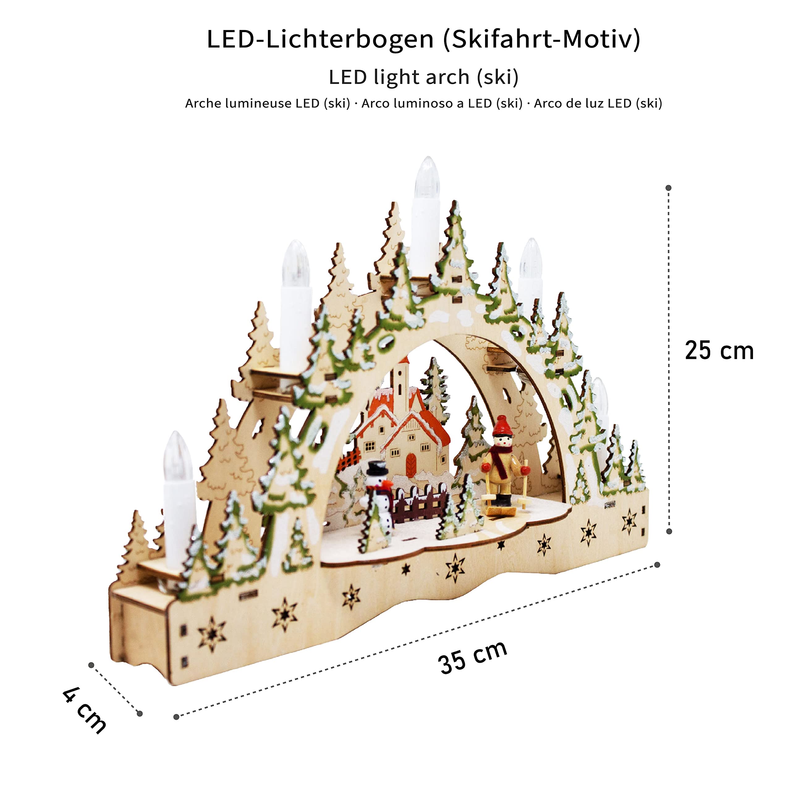 ToCi LED-Schwibbogen mit 5 Kerzen – Weihnachtsdeko Ski-Motiv 35cm