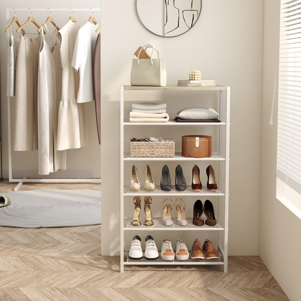 HOME BI 6-Tier Industrial Shoe Rack | Metal Storage Shelf with MDF Top