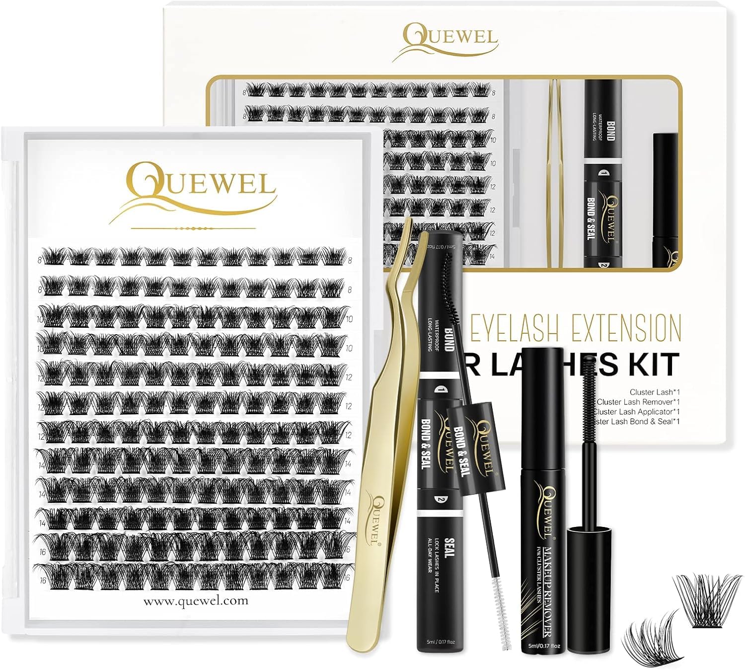QUEWEL DIY Eyelash Extensions Kit - 144 Cluster Lashes with Bond and Seal