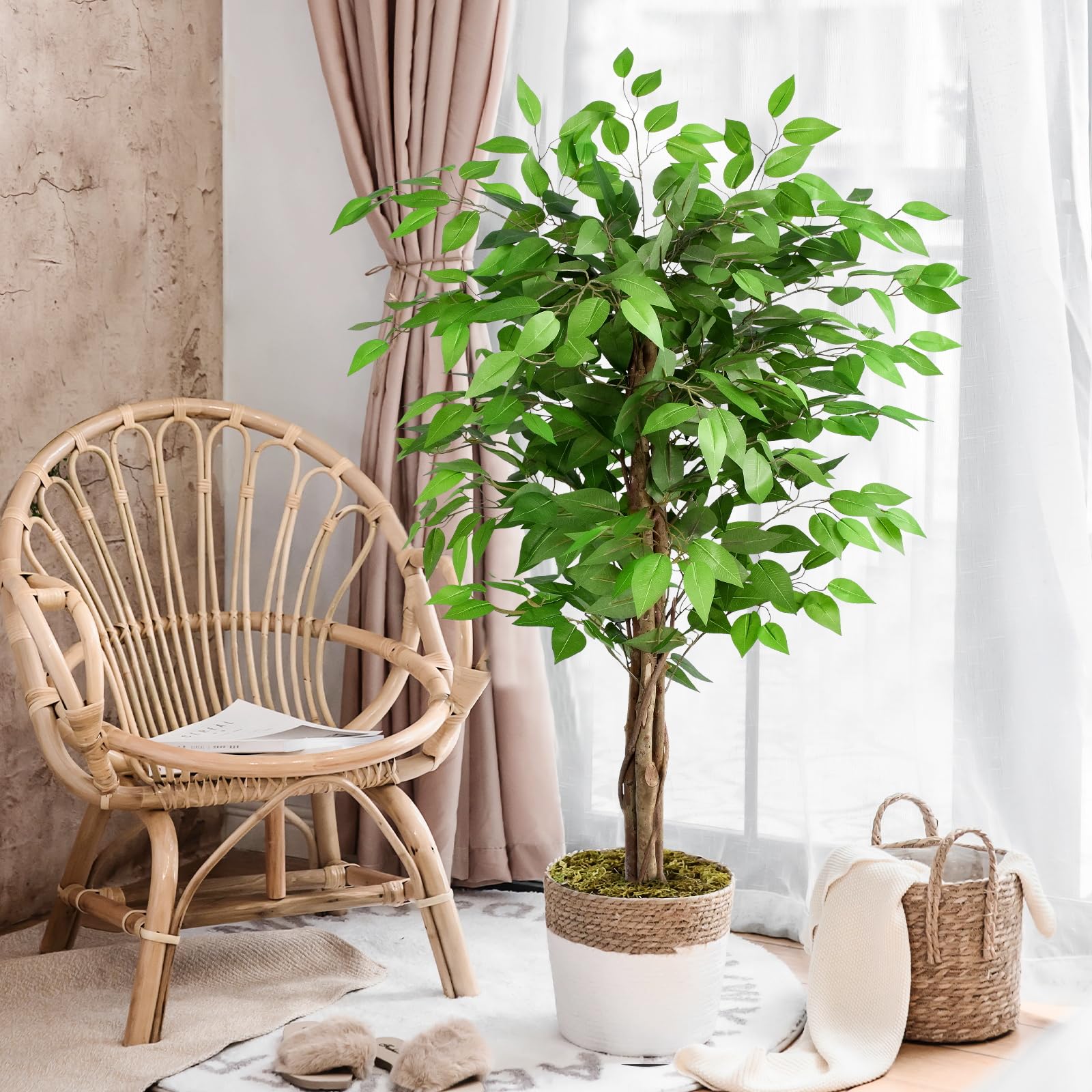 Keeplush 5ft Artificial Ficus Tree | Lifelike Faux Plant with Wood Trunks