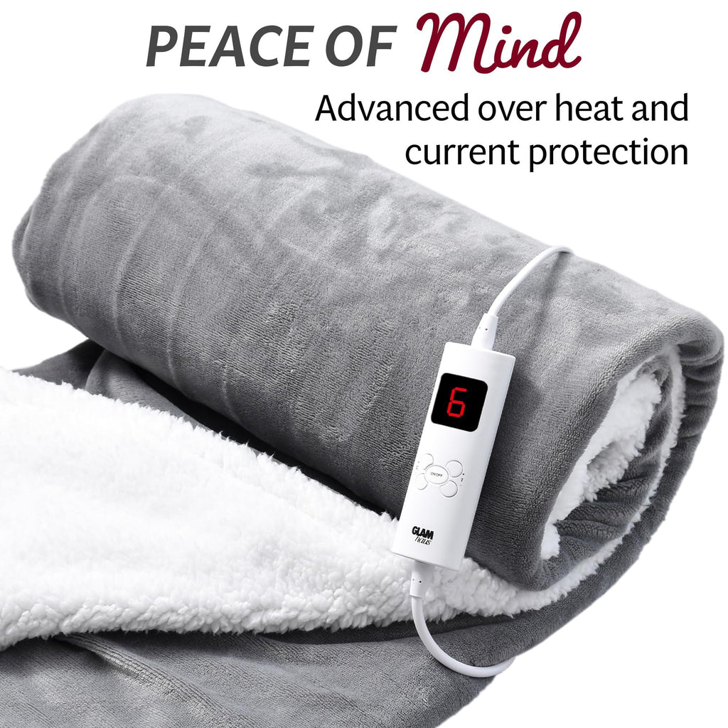 GlamHaus Heated Throw Electric Fleece Blanket - 160x130cm Reversible Grey