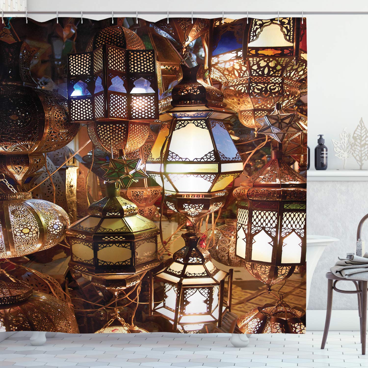 ABAKUHAUS Moroccan Fabric Shower Curtain – Waterproof Lanterns Decor