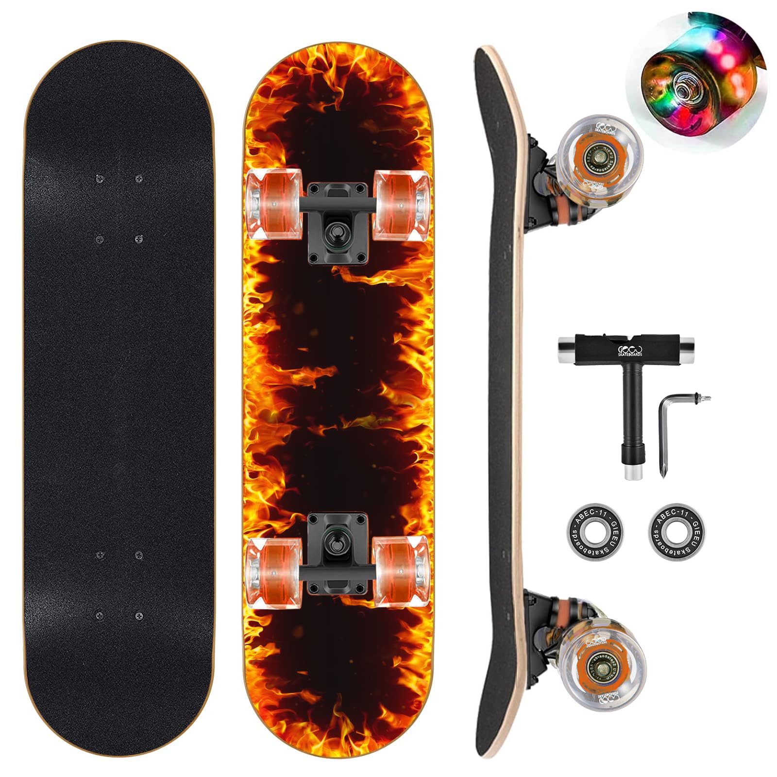 GIEEU Complete Skateboard – 31x8 Inch 9-Layer Maple with Flashing Wheels
