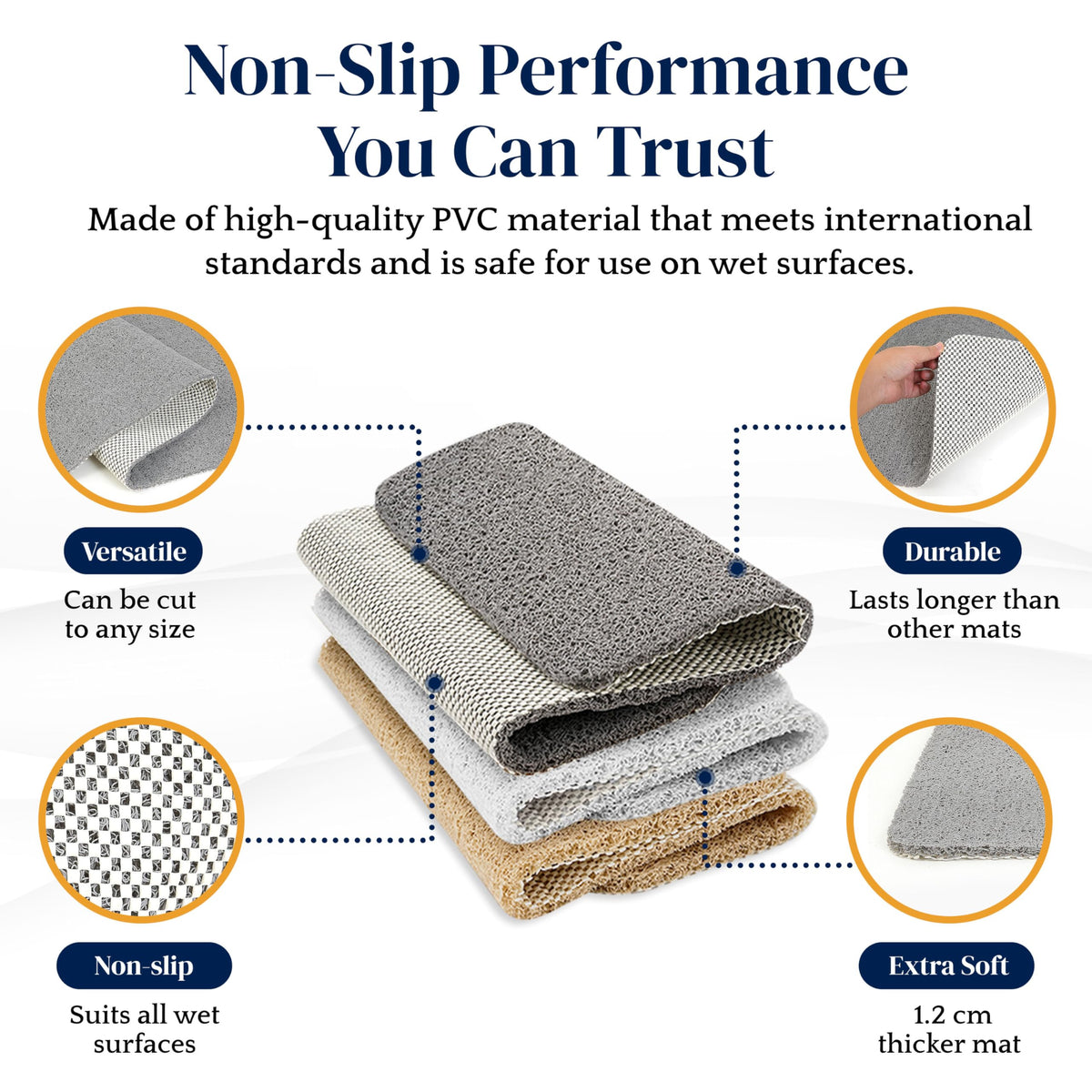 Dikots Soft Shower Mat non slip anti mould 60 x 40 cm - Beige Loofah style PVC Non slip mat for inside shower and wet places - image 3