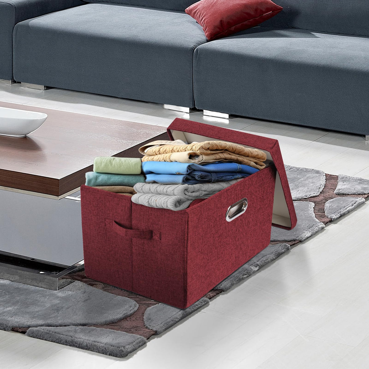 TYEERS Large Storage Box with Lid, Collapsible, Washable, Fabric Storage Box for Clothes, Wardrobe Storage, 44x30x29 cm, Set of 2, Red Wine - image 5