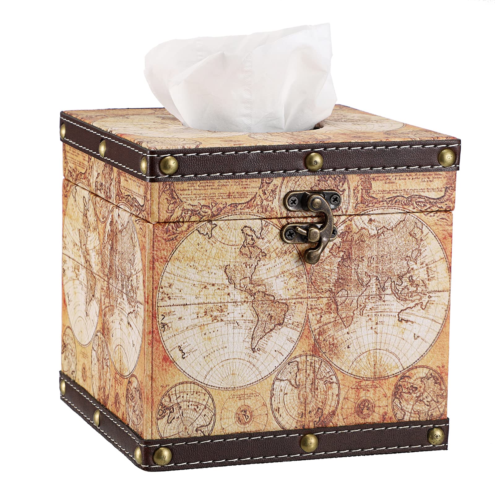 BTSKY Retro Yellow Map PU Leather Square Tissue Box Cover – Wooden Holder