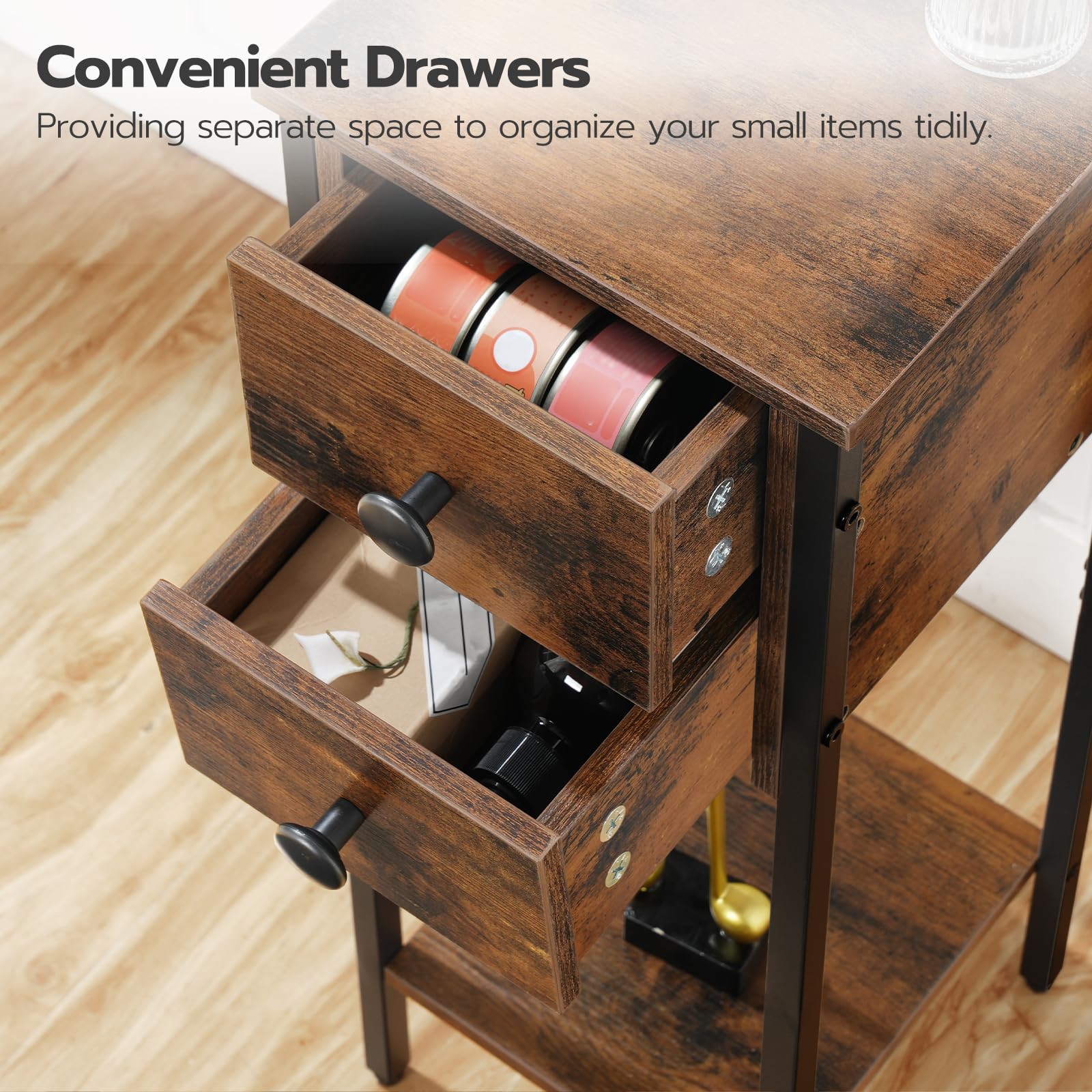 HOOBRO Narrow Bedside Table Set of 2 | 2-Drawer Slim Nightstand, Rustic Brown