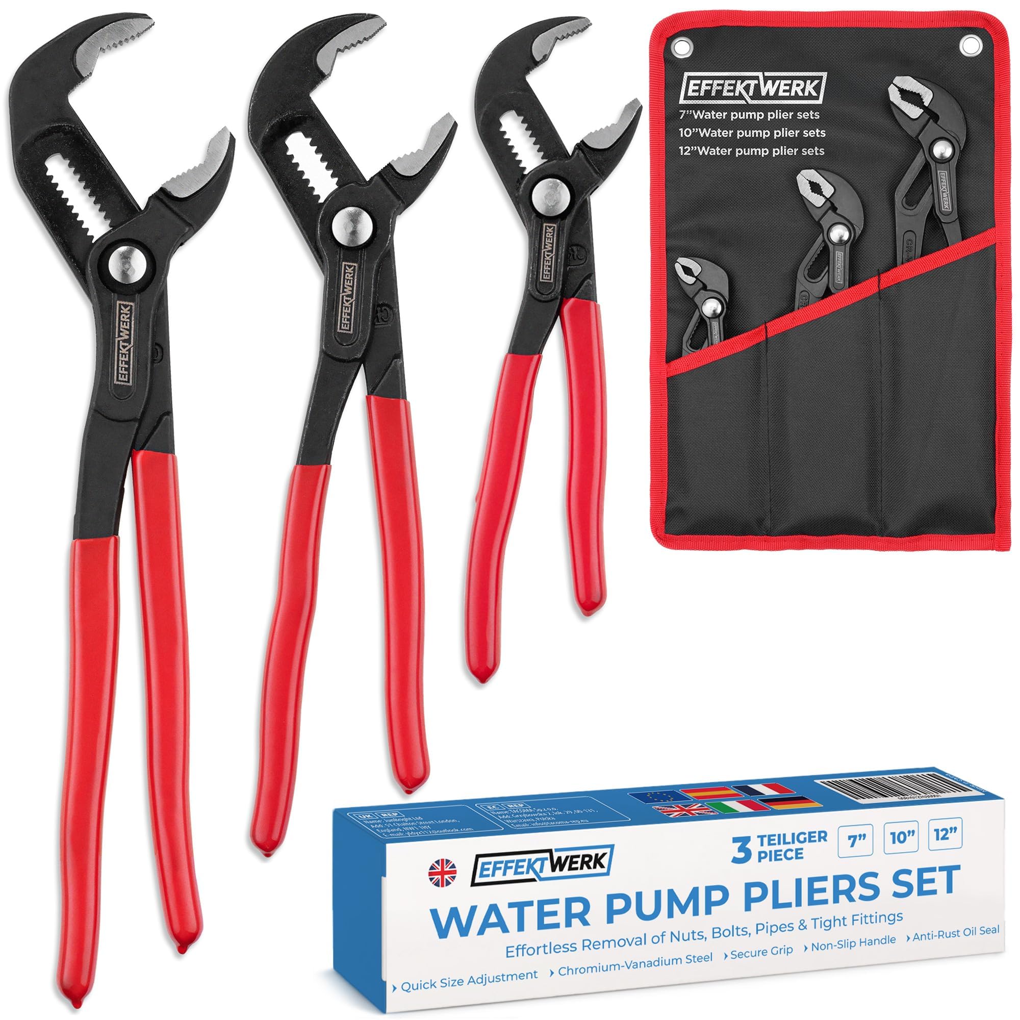 EffektWerk 3-Piece Water Pump Pliers Set – 18, 25, 30 Inch Plumbers Wrench