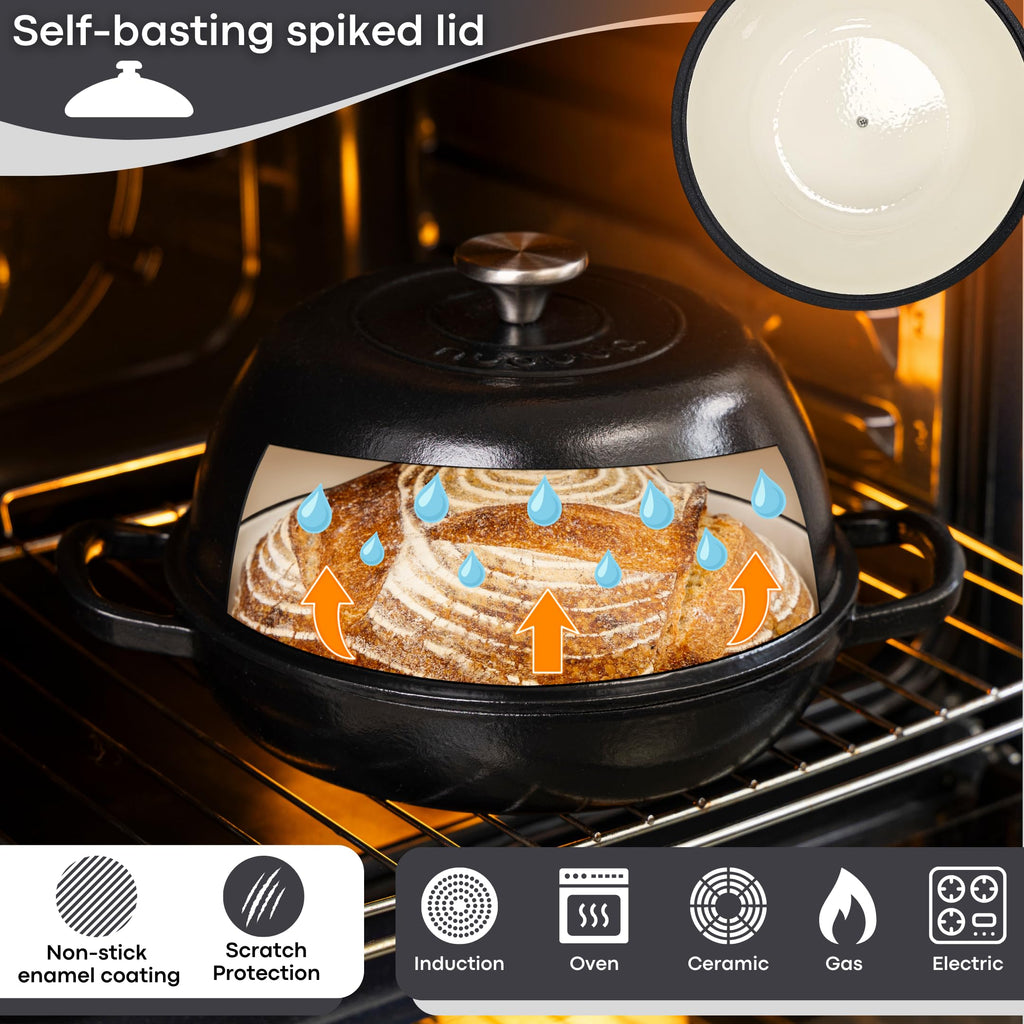 Nuovva Enamelled Cast Iron Dutch Oven - 6 Quart Bread Pot, Black