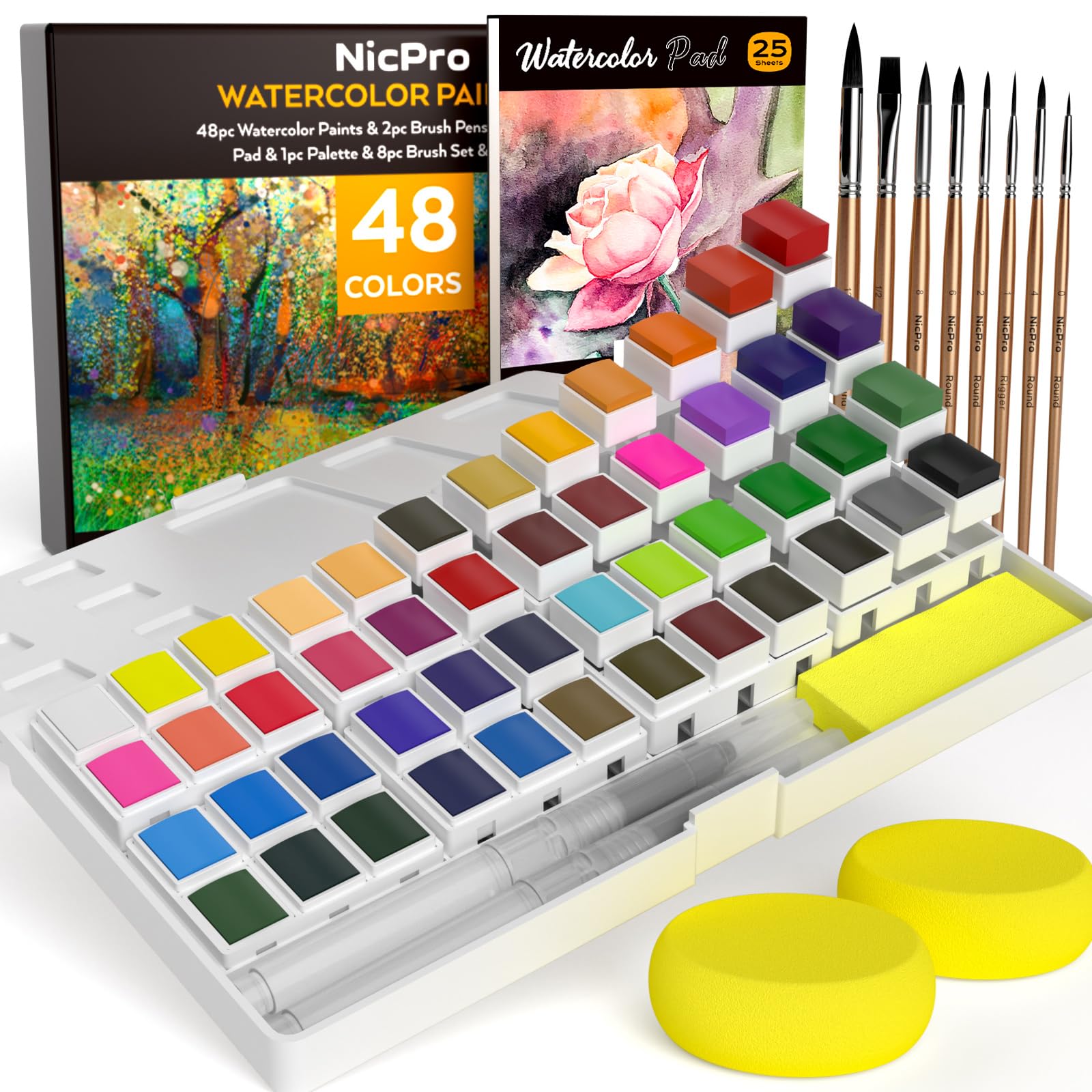 Nicpro 48 Color Watercolor Paint Set with 8 Brushes and A5 Paper Pad