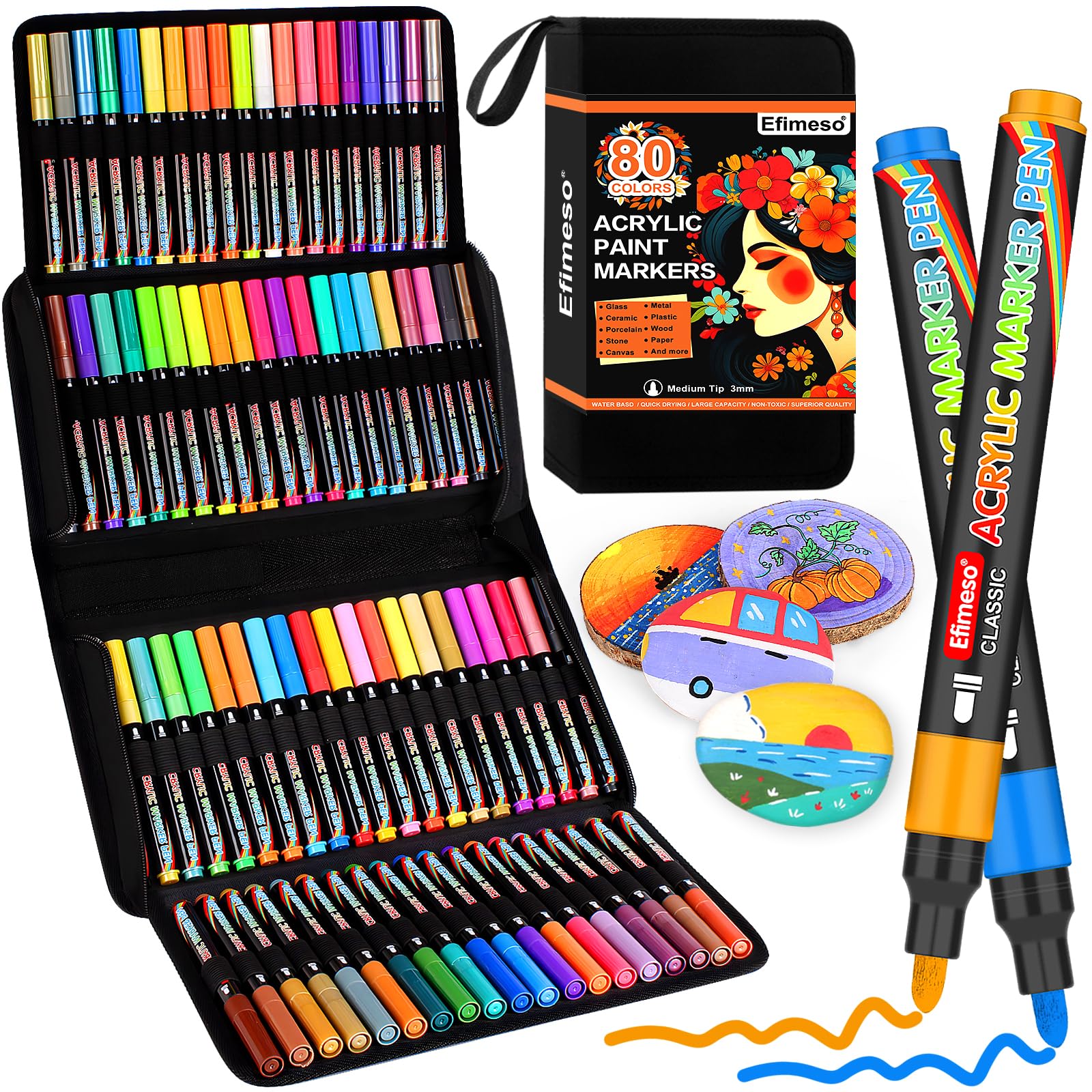 Efimeso Acrylic Paint Pens | 80 Colors Medium Tip Markers for Rock Painting