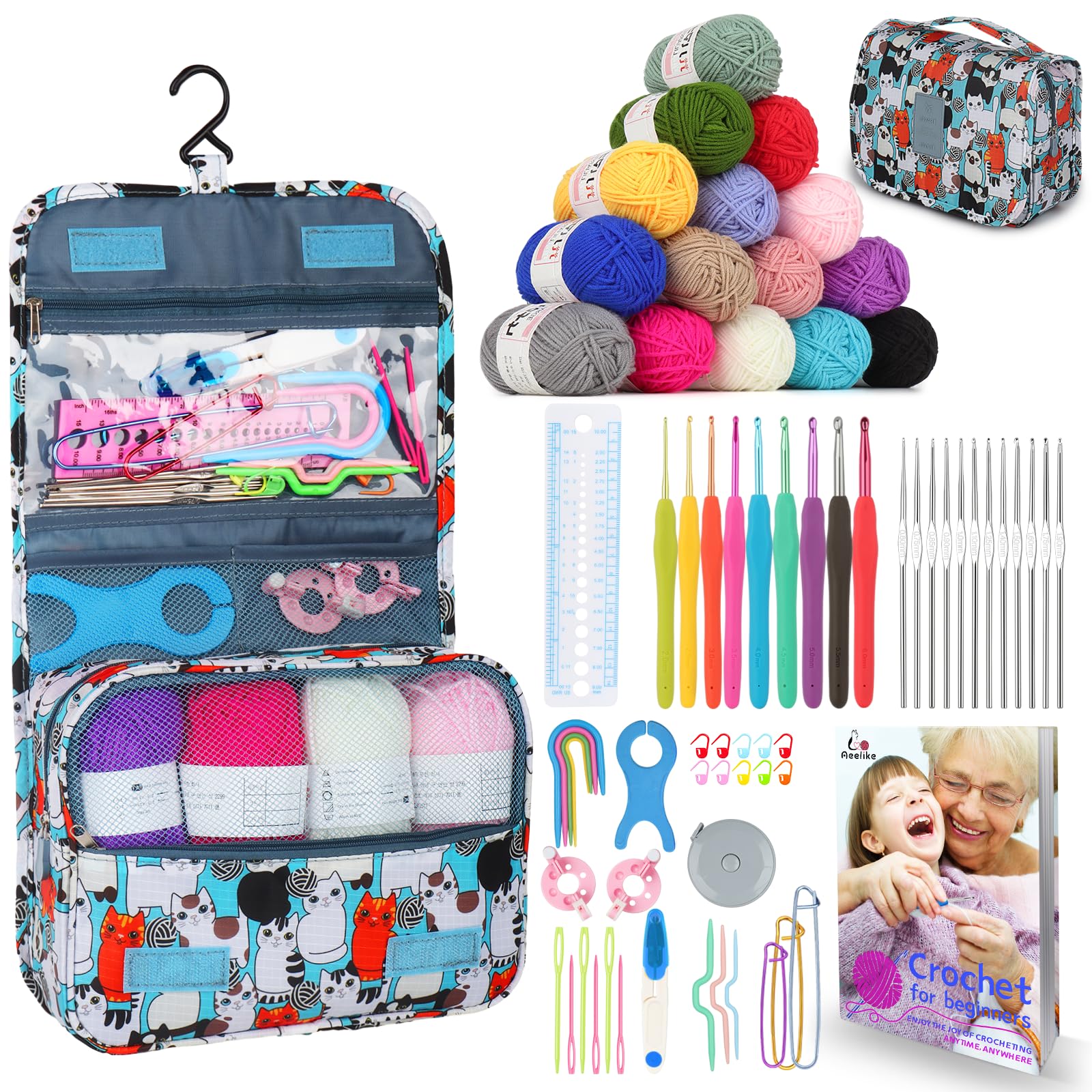 Aeelike Crochet Kit for Beginners: 21 Ergonomic Hooks, Yarn & Storage Bag