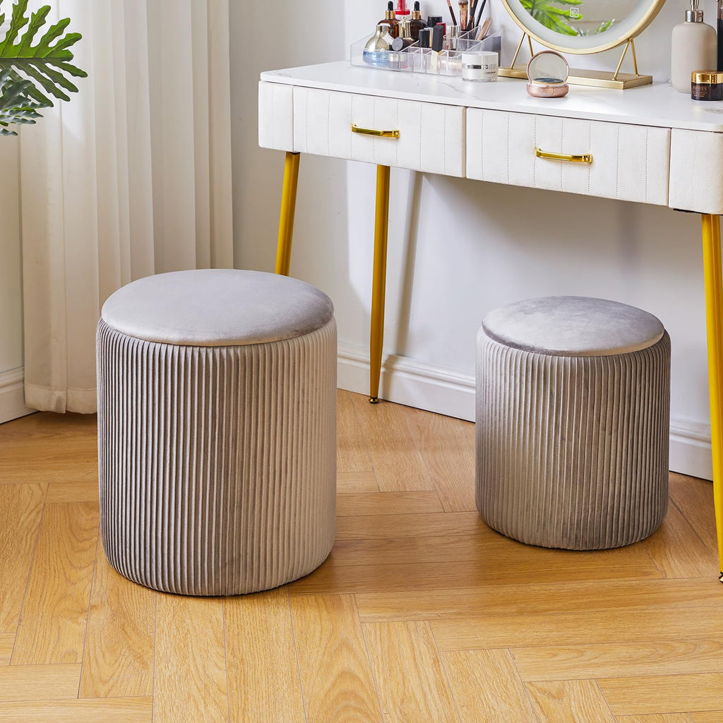 IBUYKE Set of 2 Round Storage Ottoman | Velvet Vanity Stool - Gray