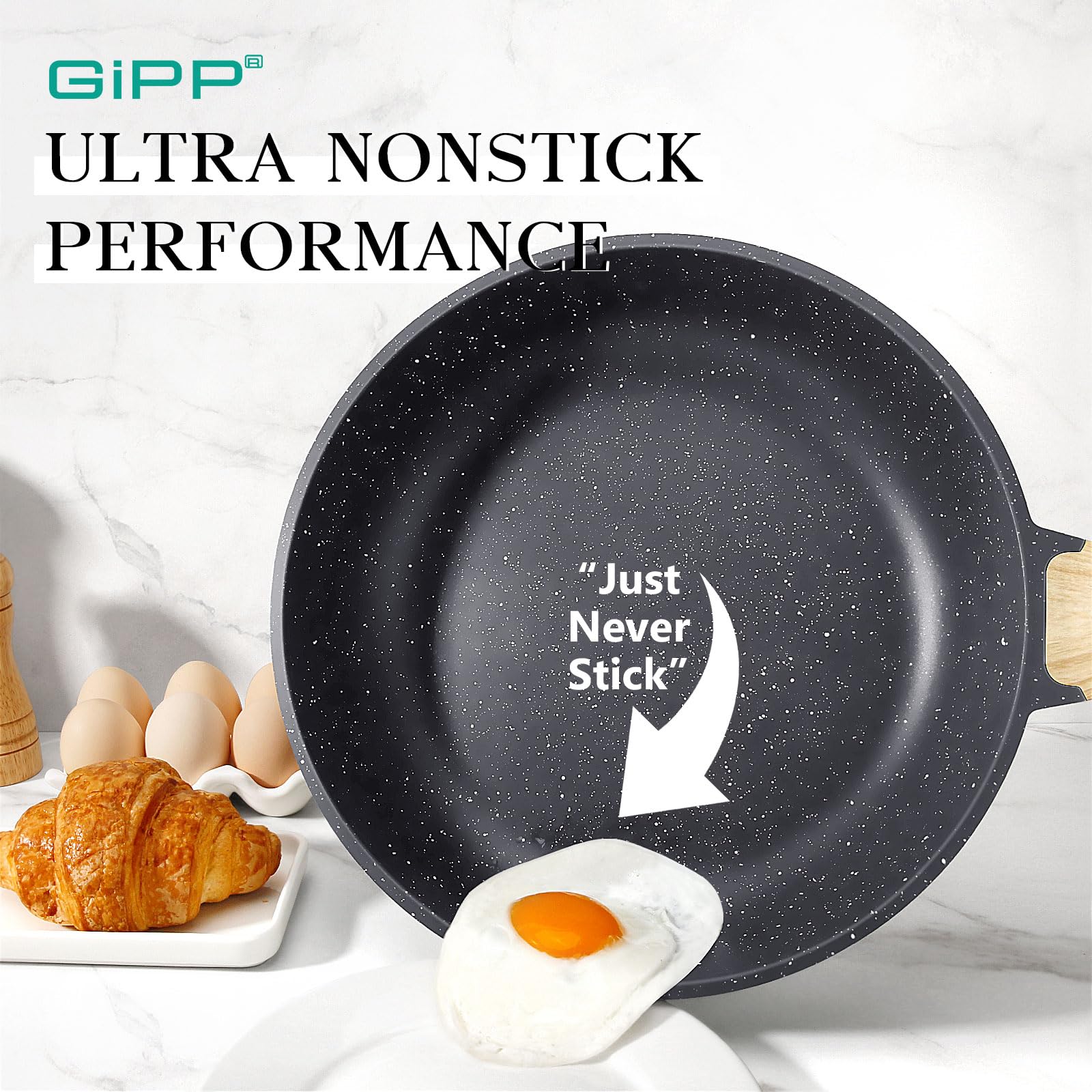 GiPP Non Stick Frying Pan Set – 3 Piece Grey Granite Induction Skillets